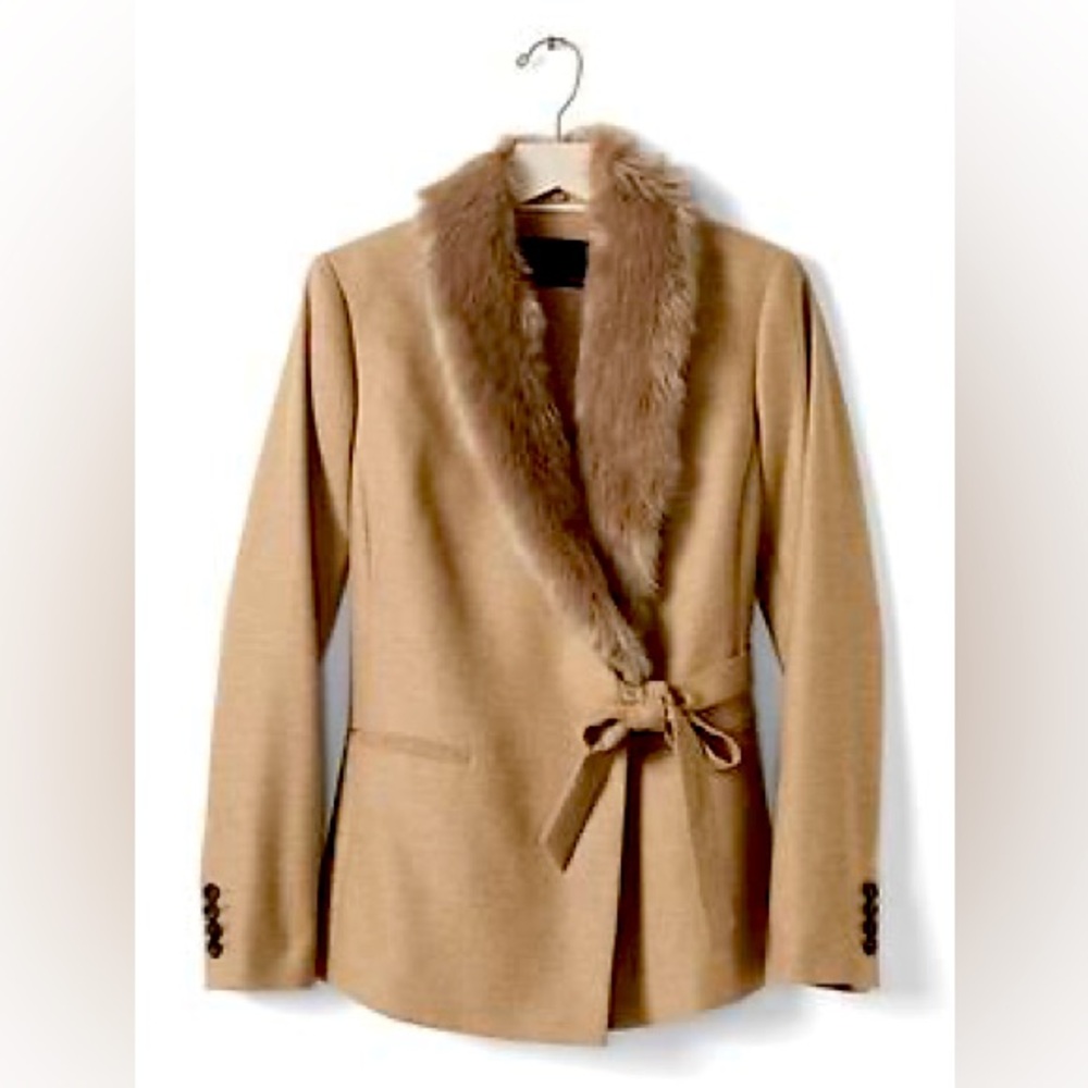 Banana Republic Italian Wool Blazer Coat, Tan Beige, Removable Faux Fur Collar